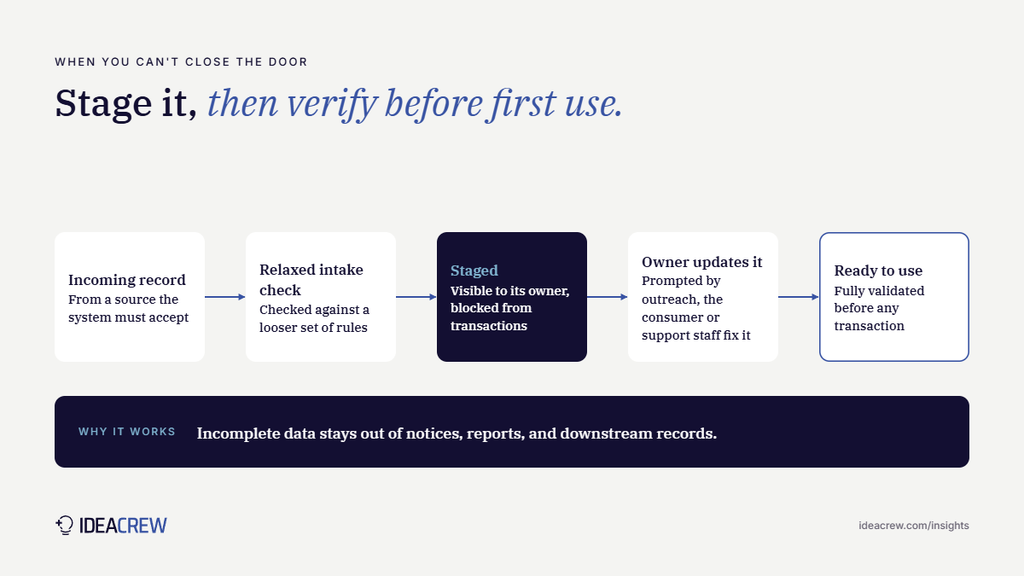 Stage and verify: Five-step flow: incoming record, relaxed intake check, staged and blocked from transactions, owner updates it, fully validated before first use.